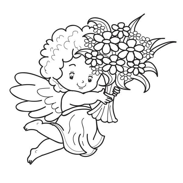 Esboço Anjos Com Asas Grandes Buquês Flores Desenho Animado Ilustração — Vetor de Stock