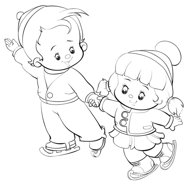 Dibujo Patinaje Artístico Lindos Niños Patinando Sobre Hielo Invierno Pareja — Vector de stock