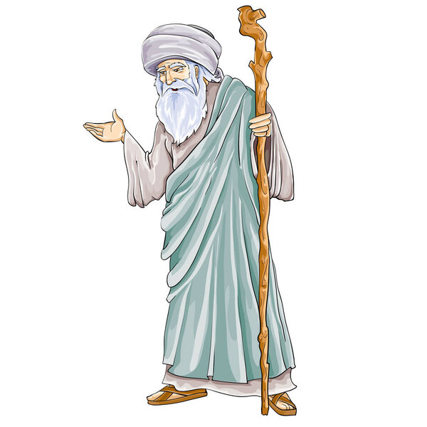 ancient jewish sage with staff, isolated object on white background, vector illustration, eps