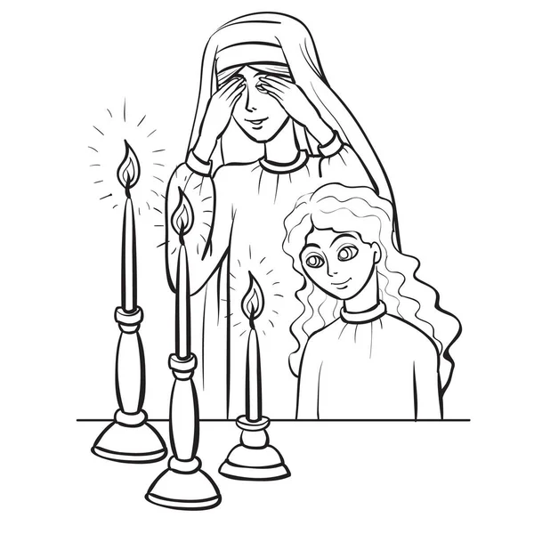 Sketch Mother Daughter Say Prayer Candles Coloring Book Isolated Object — Stock Vector