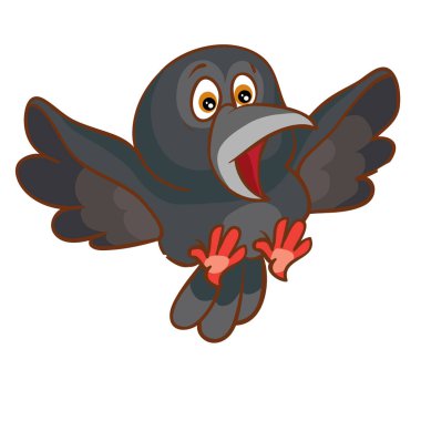 korkmuş siyah karga kanatlarını çırpar, karikatür çizimi, beyaz arkaplandaki izole nesne, vektör, ep