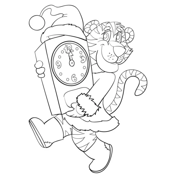 スケッチ 新年のシンボル虎の爪に大きな時計を運ぶ ぬり絵 漫画のイラスト 白い背景に孤立したオブジェクト ベクトル Eps — ストックベクタ