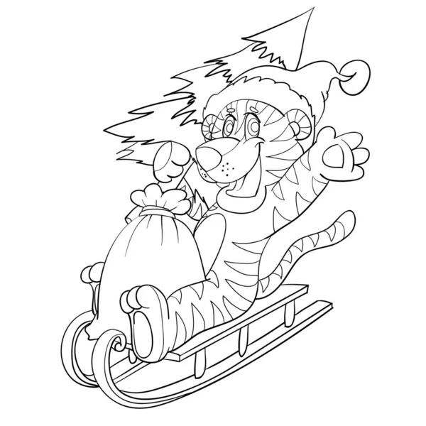 スケッチ 新年のシンボル虎がそりに乗ってクリスマスツリーのぬり絵 漫画のイラスト 白い背景に孤立したオブジェクト ベクトル Eps — ストックベクタ