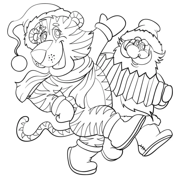 Croquis Symbole Nouvelle Année Tigre Danse Santa Claus Jouer Accordéon — Image vectorielle