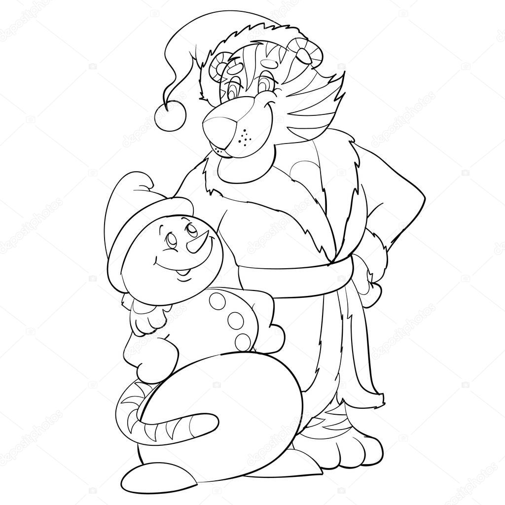 sketch, symbol of the new year tiger stands hugging together with a snowman, cartoon illustration, isolated object on a white background, vector, eps