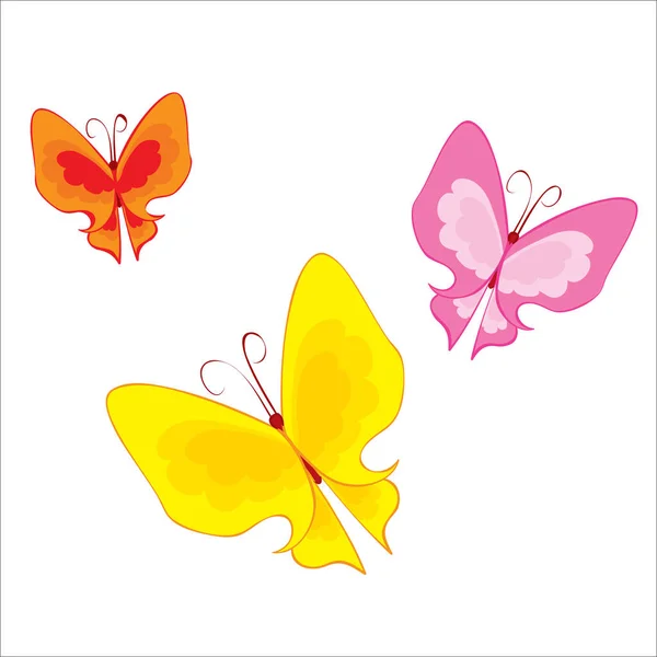 Tres Mariposas Amarillas Anaranjadas Rosadas Objeto Aislado Sobre Fondo Blanco — Vector de stock