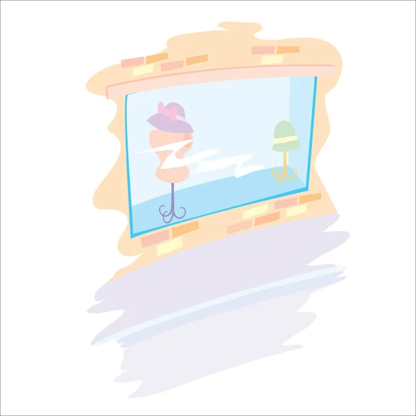 マネキンと帽子のお店の窓白い背景に隔離された物漫画イラストベクトルEps — ストックベクタ