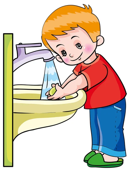 衛生。手を洗う少年 — ストックベクタ