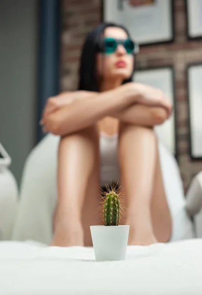 A woman in a laser hair removal Studio poses with a cactus shallow depth of field — Stock Photo, Image