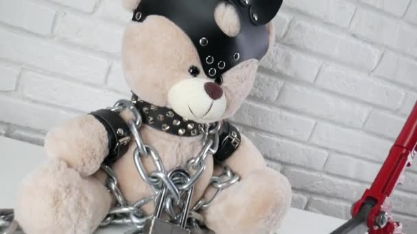 Spielzeug-Teddybär mit Ledergürtel und Maske angekettet und mit Bolzenschneider verriegelt, Zubehör für BDSM-Spiele auf hellem Backsteinhintergrund — Stockvideo