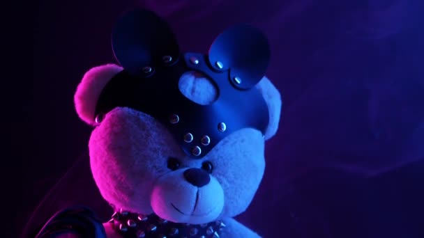 Παιχνίδι αρκούδα ντυμένο με δερμάτινη ζώνη λουρί αξεσουάρ για παιχνίδια BDSM σε σκούρο φόντο σε νέον φως στον καπνό — Αρχείο Βίντεο