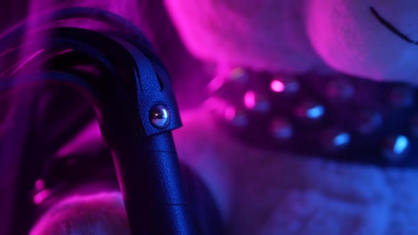 Leksaksbjörn klädd i läder bälte sele tillbehör för BDSM spel på en mörk bakgrund i neon ljus i röken — Stockvideo