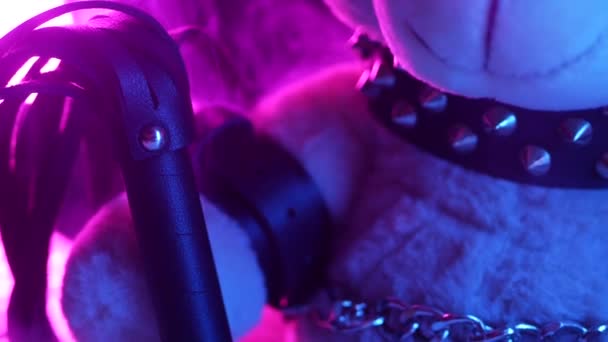 Leksaksbjörn klädd i läder bälte sele tillbehör för BDSM spel på en mörk bakgrund i neon ljus i röken — Stockvideo