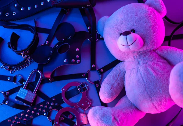Set of erotic toys for BDSM and Teddy bear — Stock Photo, Image