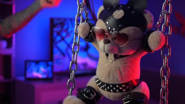 Teddy beer in lederen harnassen BDSM accessoire hand in het neon licht — Stockvideo