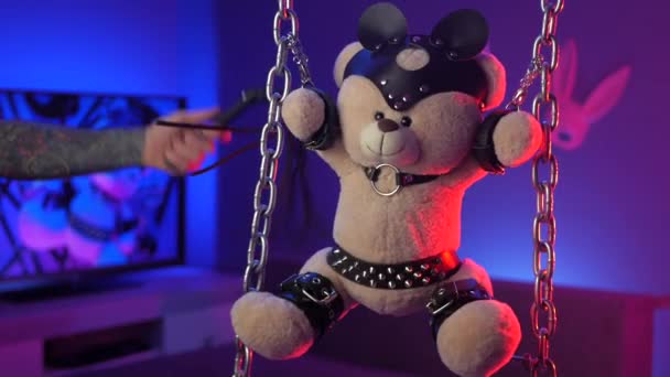 Deri kemerli oyuncak ayı BDSM aksesuar elinde neon ışığı — Stok video