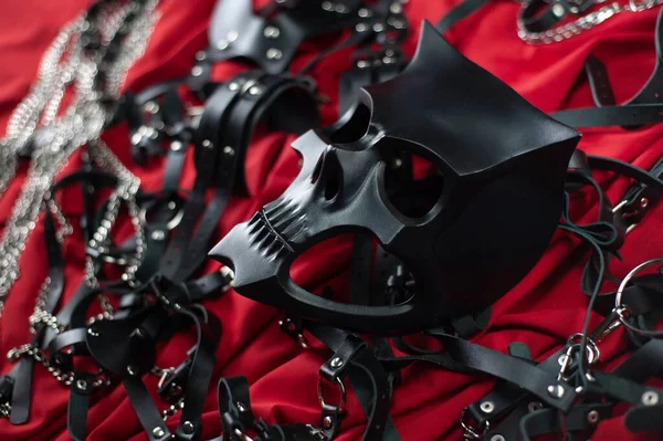 BDSM 용 에로틱 한 장난감 세트. 섹스 노예 게임에는 채찍, 개그, 가죽 마스크가 사용 된다. 야한 섹스 게임 가죽 벨트 — 스톡 사진