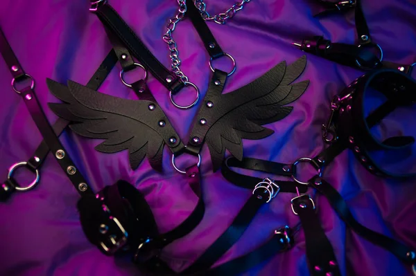 Egy öv szárnyakkal egy tartozék a BDSM-hez játékok sötét alapon neon fényben — Stock Fotó