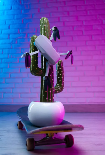 Ein kleines unbemanntes Fluggerät sitzt auf einem künstlichen Kaktus und steht auf einem Skateboard in einer kreativen Idee in Neonlicht — Stockfoto