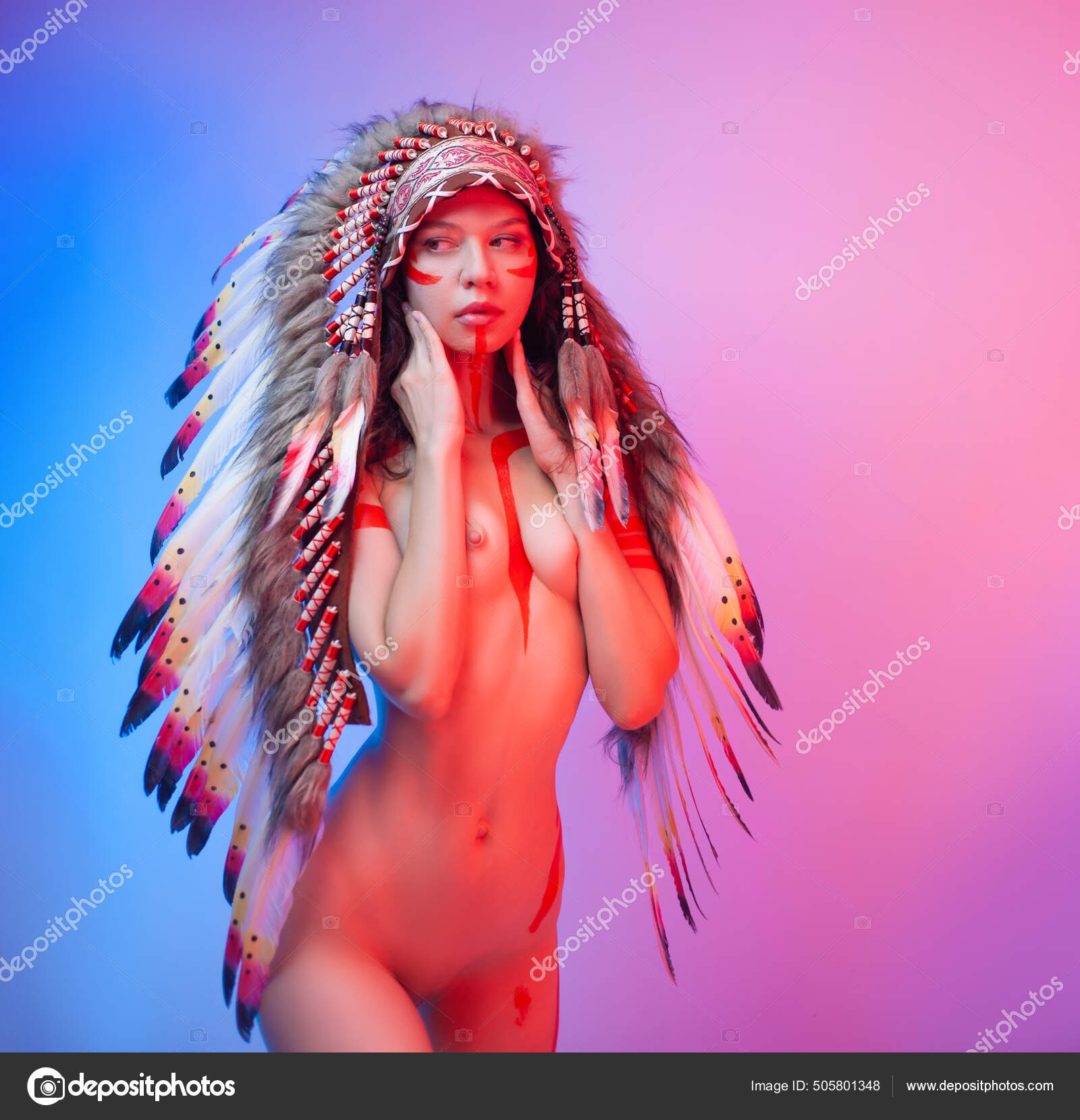 Naked woman in native american costume with feathers on a neon background  Stock Photo by Â©artrotozwork 505801348