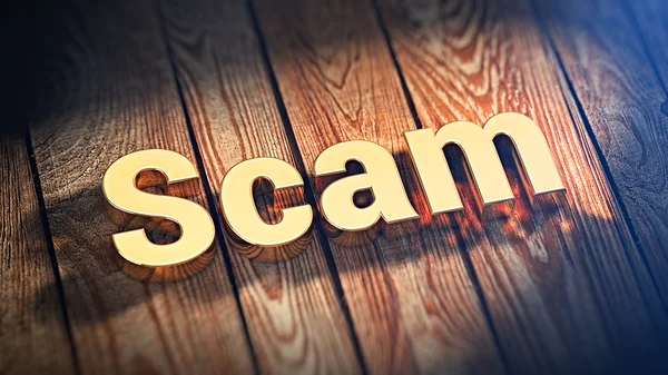 Word Scam op houten planken — Stockfoto