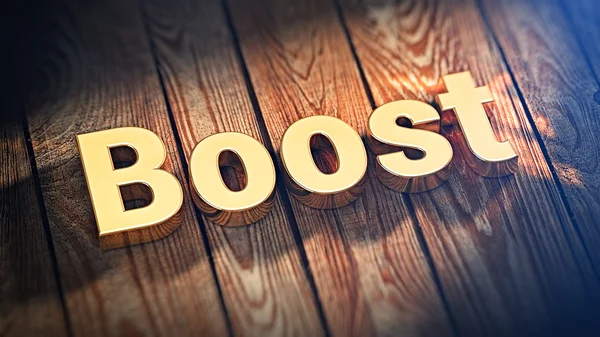 Word Boost op houten planken — Stockfoto