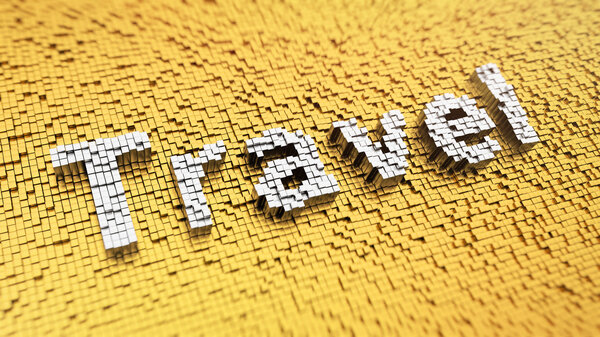 Pixelated word 'Travel' made from cubes, mosaic pattern