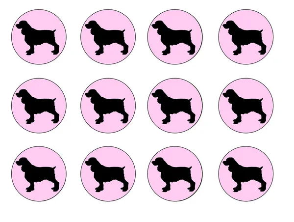 Inglês Springer Spaniel Dog Silhouette, Cupcake Toppers, Círculos, Preto em Rosa Fotos De Bancos De Imagens