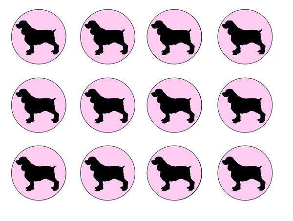 Engelse Springer Spaniel hond silhouet, Cupcake Toppers, cirkels, zwart op roze Stockfoto