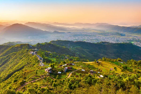 Vue Panoramique Aérienne Des Collines Himalaya Depuis Belvédère Sarangkot Dans — Photo