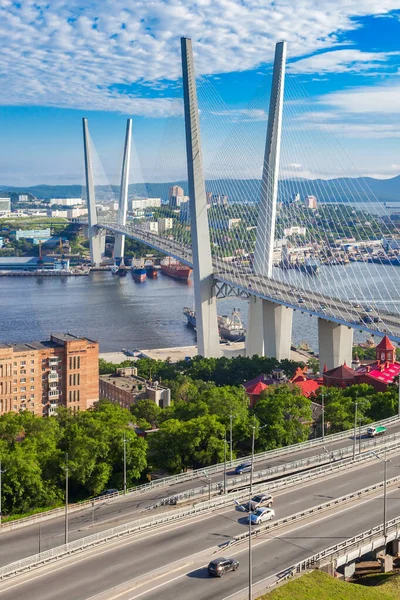 ゾロティ ゴールデン橋 Zolotoy Golden Bridge ロシア ウラジオストクのゾロティ ロッグまたはゴールデン ホーンをまたぐケーブル ステイ — ストック写真