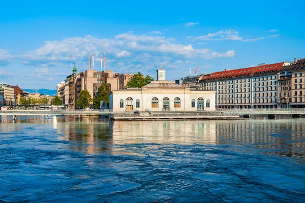 Pont de la Machine or Arcade des Arts is a historic building on the bridge through Rhone river in Geneva city in Switzerland