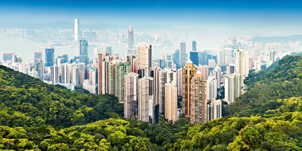 Hong Kong Panoramiczny Widok Lotu Ptaka Punktu Widzenia Victoria Peak — Zdjęcie stockowe