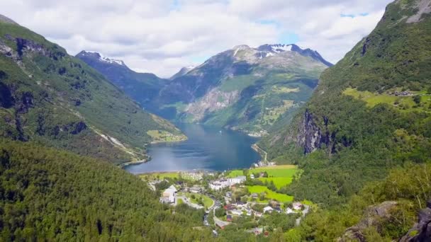 Geiranger at Geirangerfjord air view, Norway — стокове відео