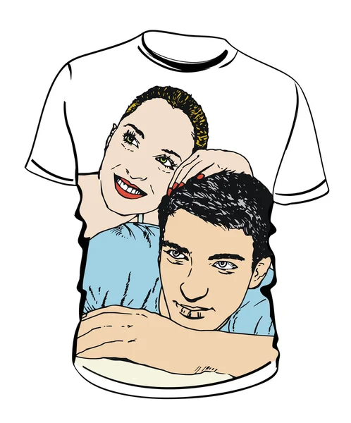 Camisa com ilustrações de casal sobre fundo branco — Fotografia de Stock