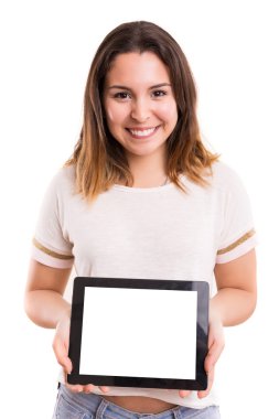 Kadın bir şey dijital tablet içinde sunulması