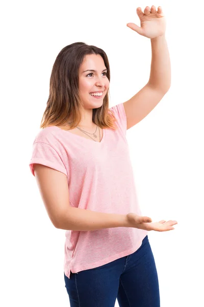 Woman presenting a product by hands — Stock Photo, Image