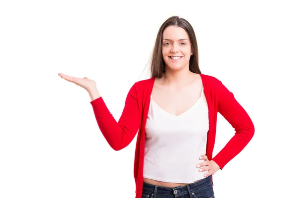 Beautiful woman presenting your product — Stock Photo, Image