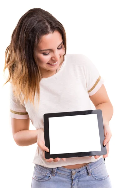 Woman presenting product in a digital tablet — Stock Photo, Image