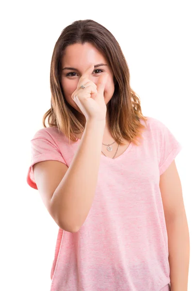 Junge Frau zeigt Fingerzeichen — Stockfoto