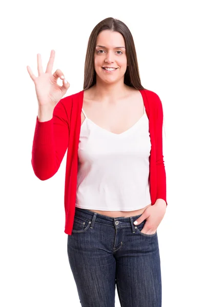 Jonge vrouw gebaren ok teken — Stockfoto
