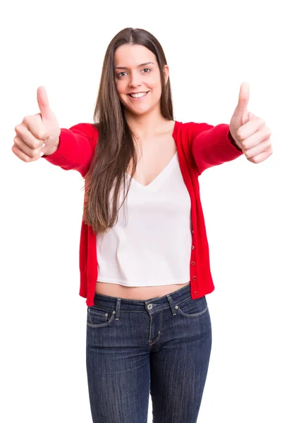 Vrouw gebaren duimen omhoog teken — Stockfoto