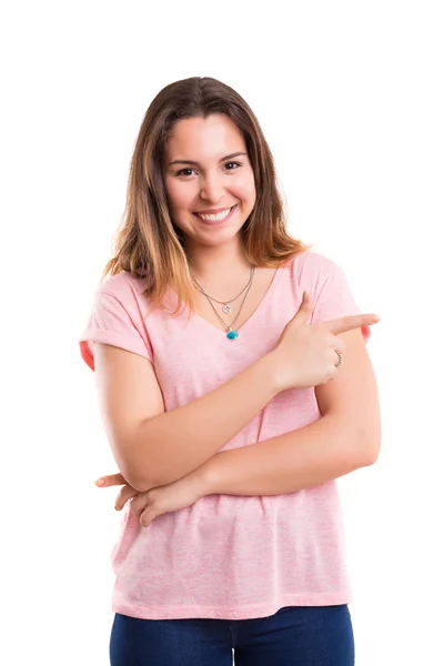 Mujer presentando producto a mano — Foto de Stock