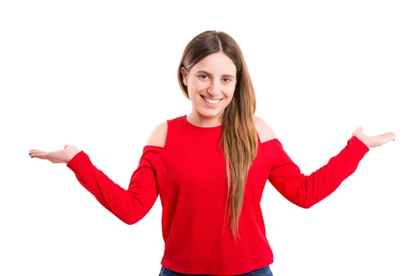 Femme présentant le produit par les mains — Photo