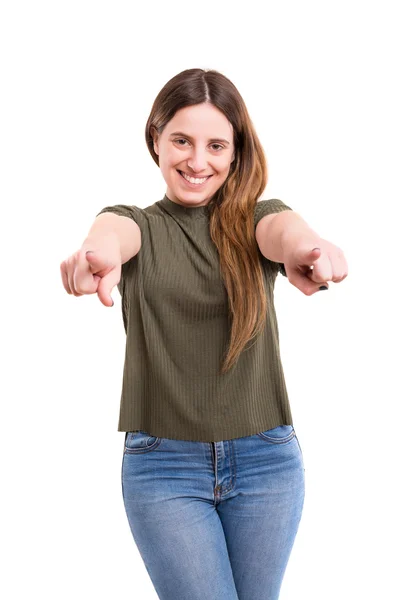 Mooie vrouw wijzend op u — Stockfoto