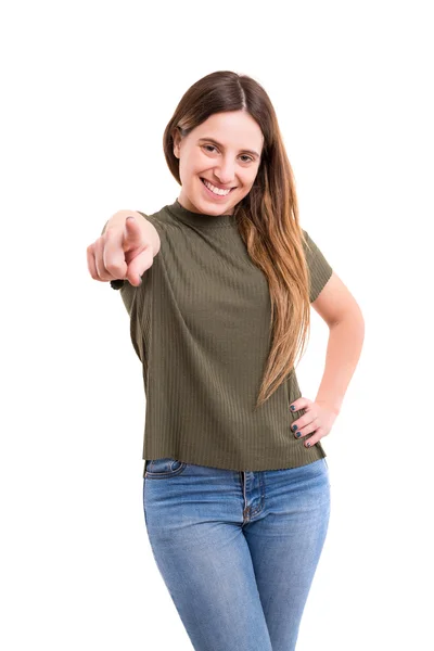 Mooie vrouw wijzend op u — Stockfoto