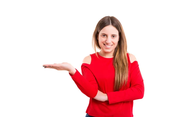 Mulher apresentando o produto — Fotografia de Stock