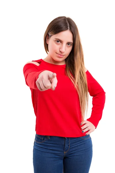 Schöne Frau, die auf dich zeigt, — Stockfoto