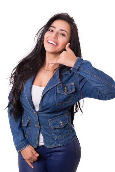 Student making "call me" sign — Stock Photo, Image