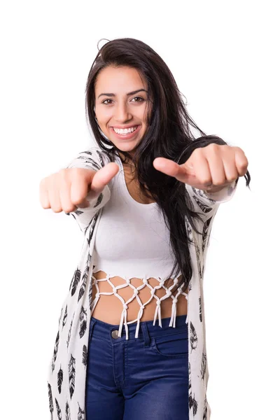 Woman gesturing thumbs up sign — Stock Photo, Image